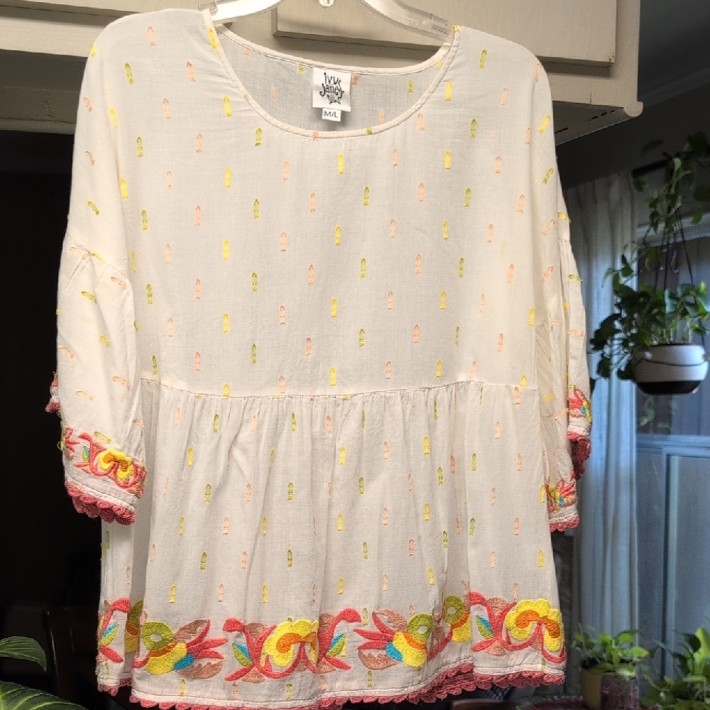 ivy jane White Peasant Blouse with Neon Embroidery